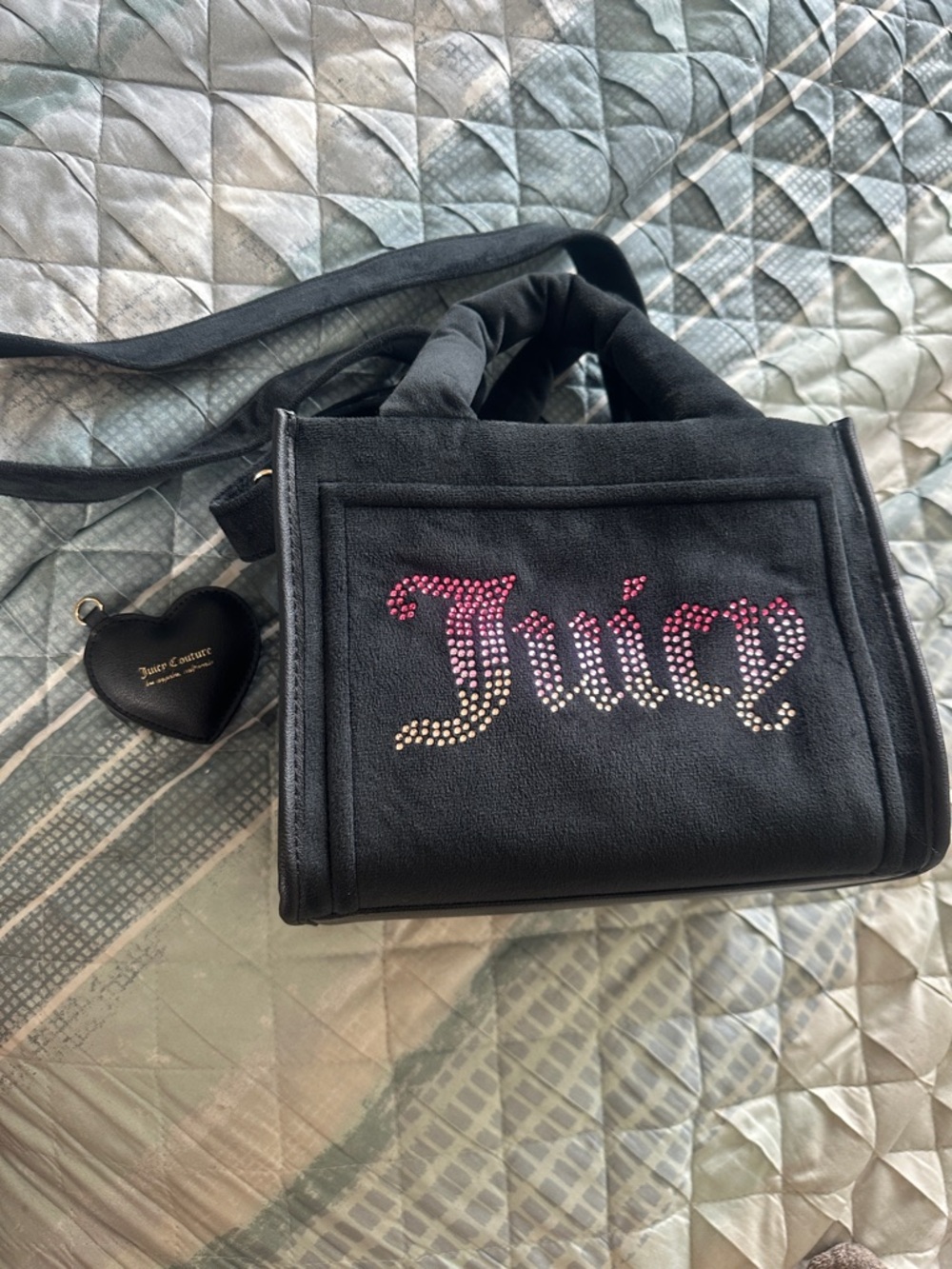 Juicy Couture Black Shoulder Bag with Pink and Silver Rhinestone 'Juicy' Logo